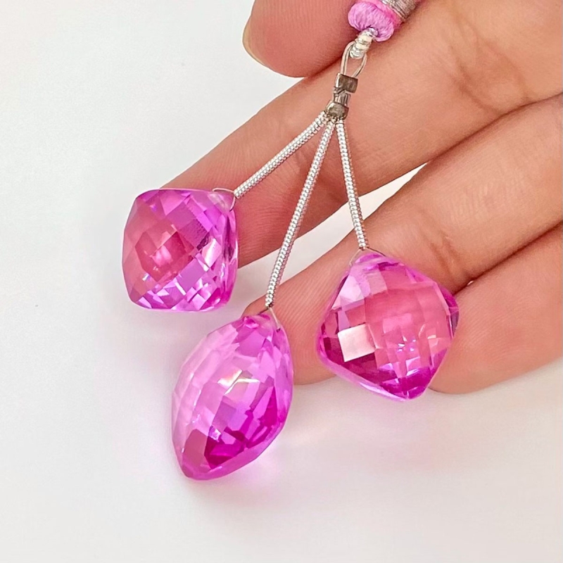  62.20 Carat Lab Pink Sapphire 13.5-16.5mm  Square Cushion Shape AAA Grade Matched Gemstone Beads Set - Total 3 Pcs.