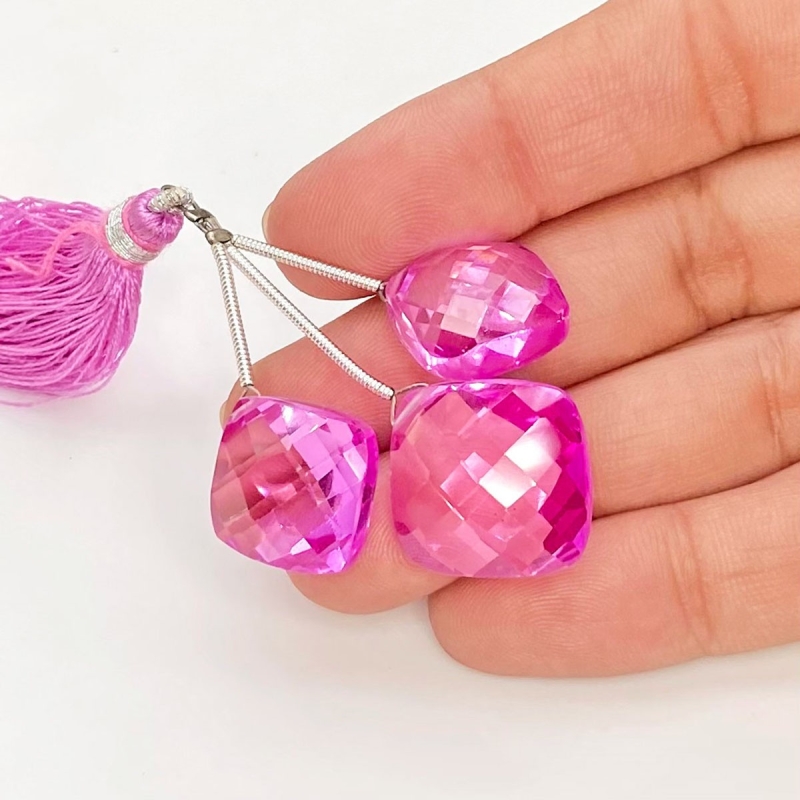  62.20 Carat Lab Pink Sapphire 13.5-16.5mm  Square Cushion Shape AAA Grade Matched Gemstone Beads Set - Total 3 Pcs.