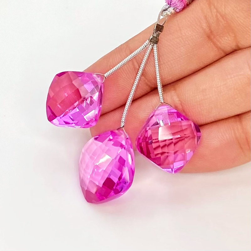  62.20 Carat Lab Pink Sapphire 13.5-16.5mm  Square Cushion Shape AAA Grade Matched Gemstone Beads Set - Total 3 Pcs.