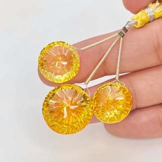  61.40 Cts. Lab Yellow Sapphire 14-17mm Briolette Round Shape AAA Grade Matched Gemstone Beads Set - Total 3 Pcs.