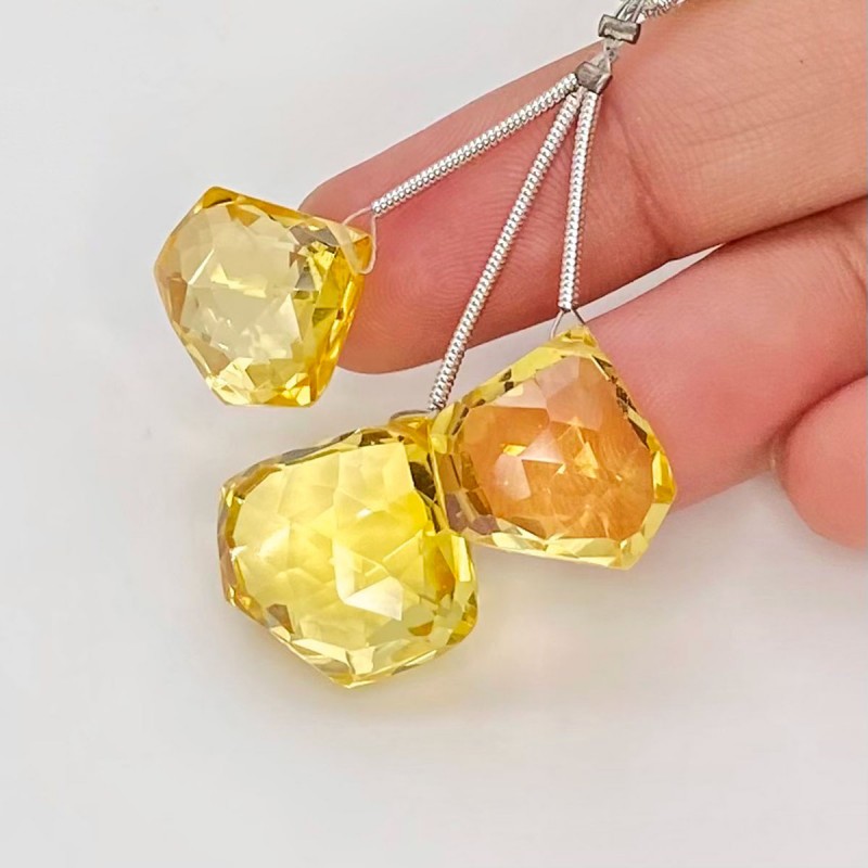 57 Carat Lab Yellow Sapphire 14-17.5mm  Diamond Shape AAA Grade Matched Gemstone Beads Set - Total 3 Pcs.