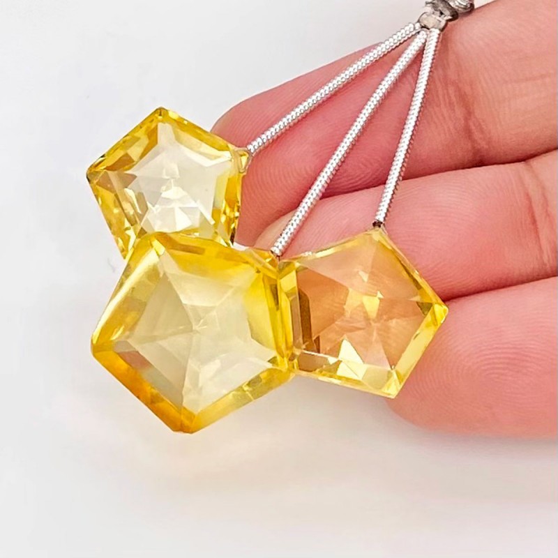 38.6 Carat Lab Yellow Sapphire 13.5-16.5mm  Pentagon Shape AAA Grade Matched Gemstone Beads Set - Total 3 Pcs.