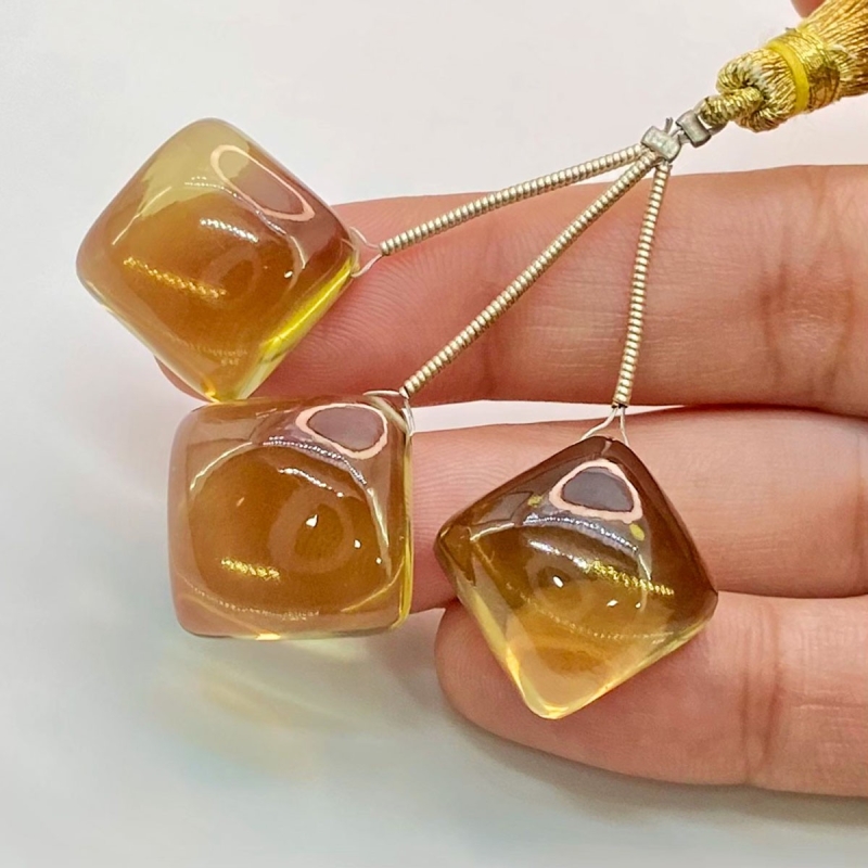  64.9 Carat Olive Quartz 15.5-16.5mm  Square Cushion Shape AAA Grade Matched Gemstone Beads Set - Total 3 Pcs.