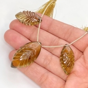  86.7 Carat Olive Quartz 32x17-26x13mm Carved Marquise Shape AAA Grade Matched Gemstone Beads Set - Total 3 Pcs.