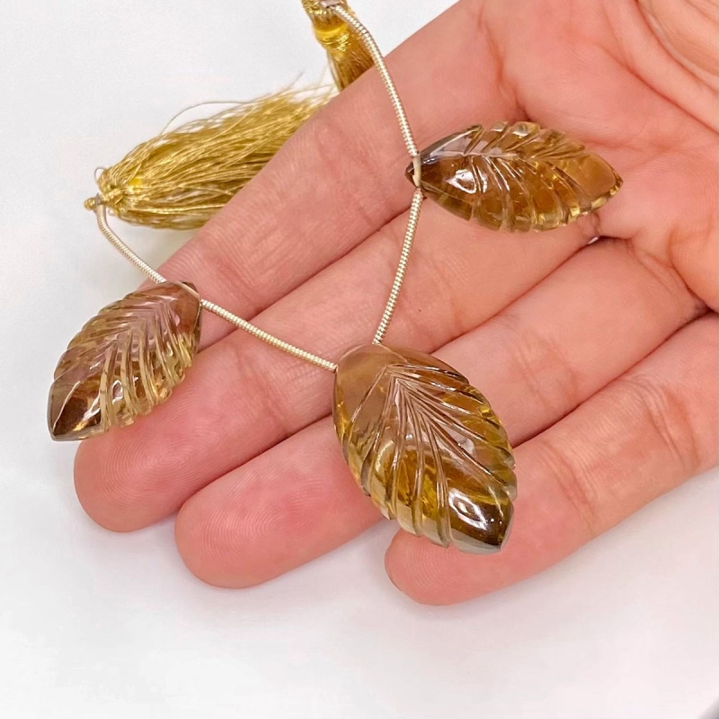  86.7 Carat Olive Quartz 32x17-26x13mm Carved Marquise Shape AAA Grade Matched Gemstone Beads Set - Total 3 Pcs.