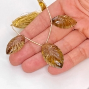  86.7 Carat Olive Quartz 32x17-26x13mm Carved Marquise Shape AAA Grade Matched Gemstone Beads Set - Total 3 Pcs.