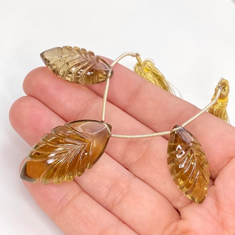  86.7 Carat Olive Quartz 32x17-26x13mm Carved Marquise Shape AAA Grade Matched Gemstone Beads Set - Total 3 Pcs.