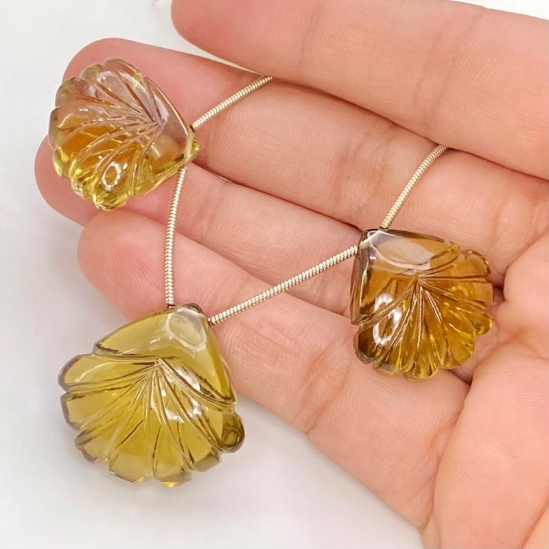  86.7 Carat Olive Quartz 20-23mm Carved Fancy Shape AAA Grade Matched Gemstone Beads Set - Total 3 Pcs.