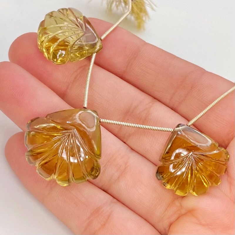  86.7 Carat Olive Quartz 20-23mm Carved Fancy Shape AAA Grade Matched Gemstone Beads Set - Total 3 Pcs.