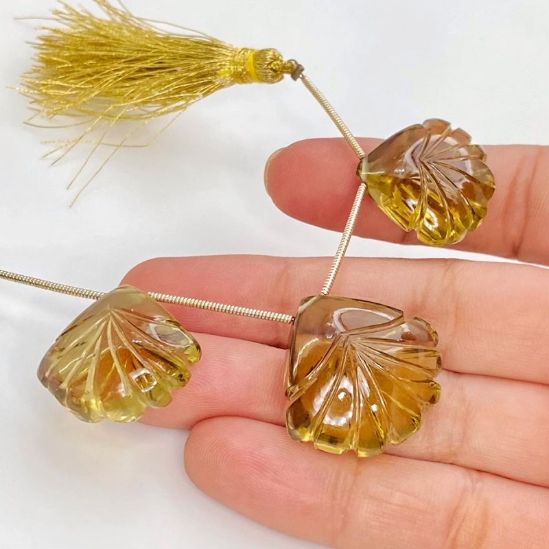  86.7 Carat Olive Quartz 20-23mm Carved Fancy Shape AAA Grade Matched Gemstone Beads Set - Total 3 Pcs.