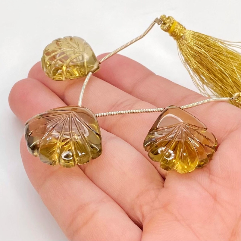  86.7 Carat Olive Quartz 20-23mm Carved Fancy Shape AAA Grade Matched Gemstone Beads Set - Total 3 Pcs.