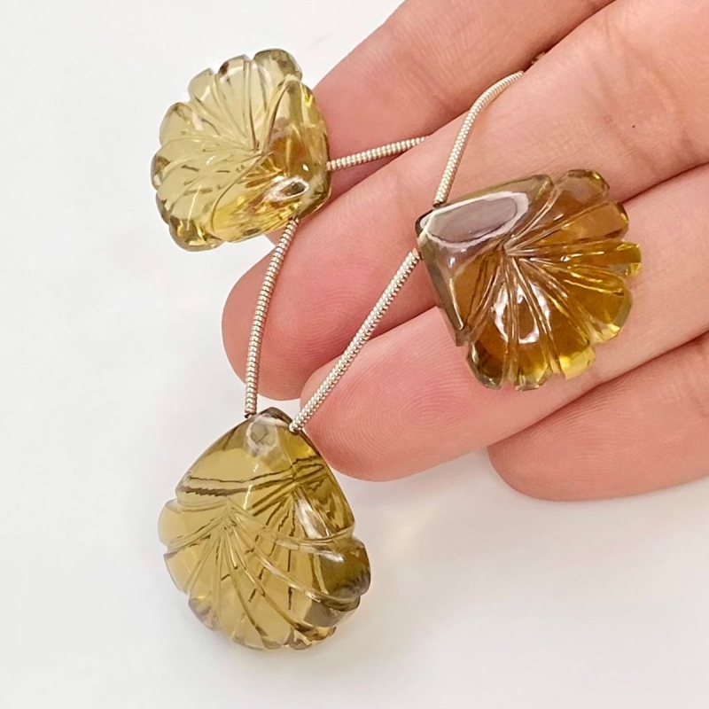  86.7 Carat Olive Quartz 20-23mm Carved Fancy Shape AAA Grade Matched Gemstone Beads Set - Total 3 Pcs.