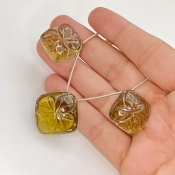  107.45 Carat Olive Quartz 18-21mm Carved Square Cushion Shape AAA Grade Matched Gemstone Beads Set - Total 3 Pcs.