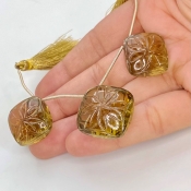  107.45 Carat Olive Quartz 18-21mm Carved Square Cushion Shape AAA Grade Matched Gemstone Beads Set - Total 3 Pcs.