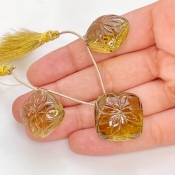  107.45 Carat Olive Quartz 18-21mm Carved Square Cushion Shape AAA Grade Matched Gemstone Beads Set - Total 3 Pcs.