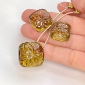  107.45 Carat Olive Quartz 18-21mm Carved Square Cushion Shape AAA Grade Matched Gemstone Beads Set - Total 3 Pcs.