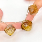  107.45 Carat Olive Quartz 18-21mm Carved Square Cushion Shape AAA Grade Matched Gemstone Beads Set - Total 3 Pcs.