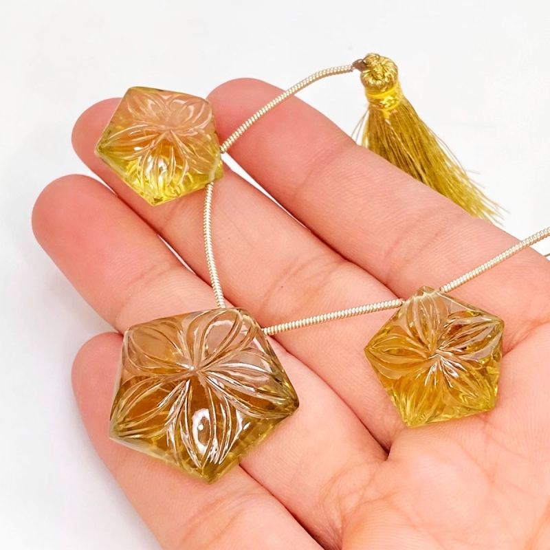  85.5 Carat Olive Quartz 18-24mm Carved Pentagon Shape AAA Grade Matched Gemstone Beads Set - Total 3 Pcs.