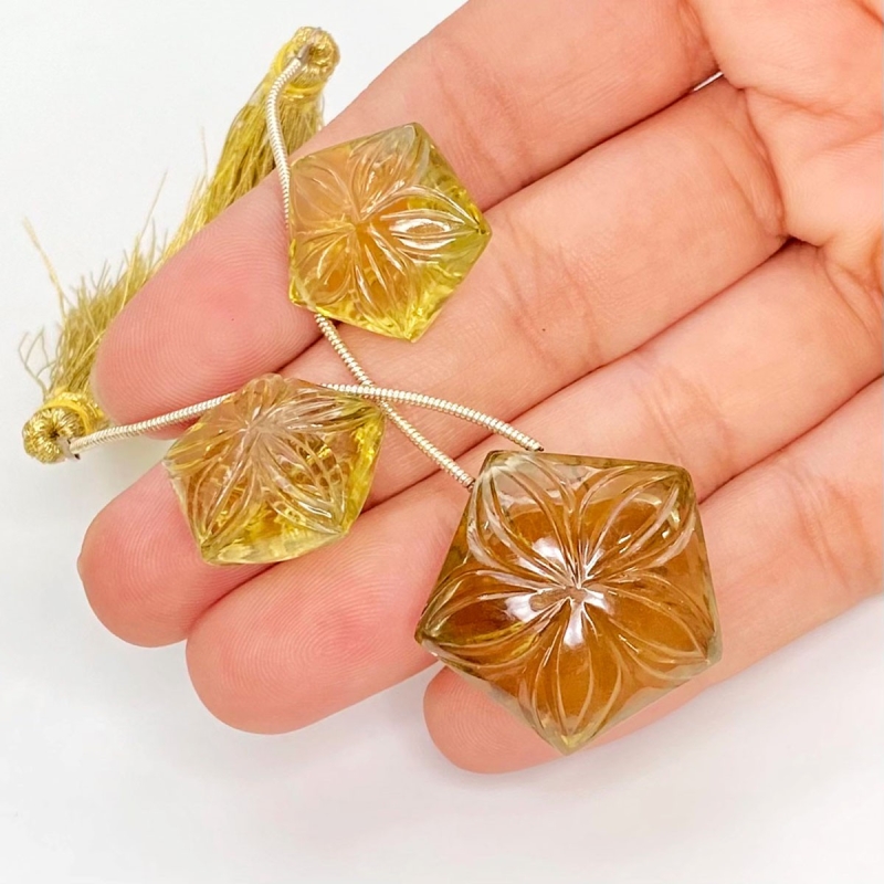  85.5 Carat Olive Quartz 18-24mm Carved Pentagon Shape AAA Grade Matched Gemstone Beads Set - Total 3 Pcs.