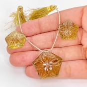  85.5 Carat Olive Quartz 18-24mm Carved Pentagon Shape AAA Grade Matched Gemstone Beads Set - Total 3 Pcs.