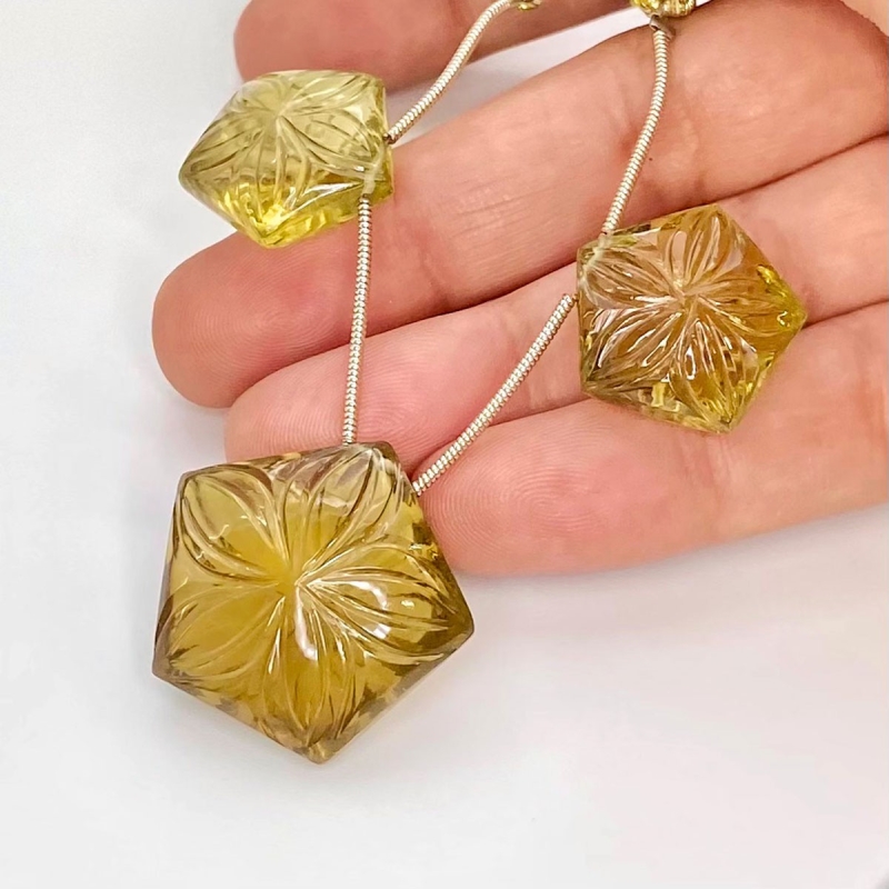  85.5 Carat Olive Quartz 18-24mm Carved Pentagon Shape AAA Grade Matched Gemstone Beads Set - Total 3 Pcs.