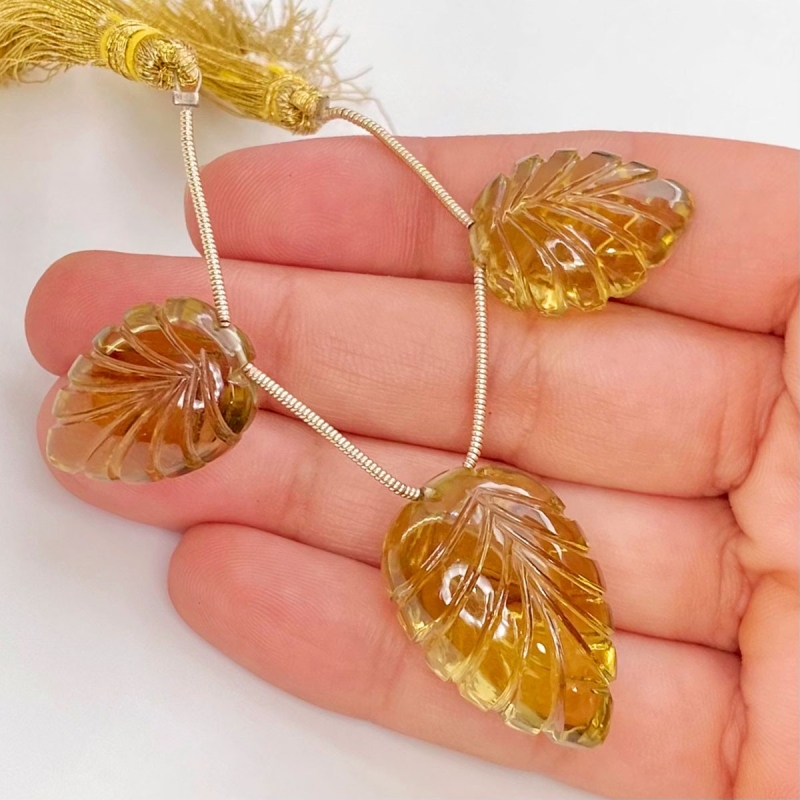  93.3 Carat Olive Quartz 28x19-21x16 Carved Pear Shape AAA Grade Matched Gemstone Beads Set - Total 3 Pcs.