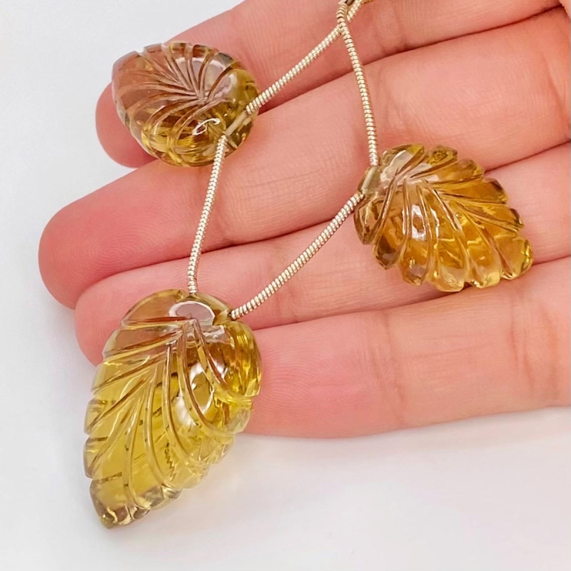  93.3 Carat Olive Quartz 28x19-21x16 Carved Pear Shape AAA Grade Matched Gemstone Beads Set - Total 3 Pcs.