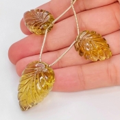  93.3 Carat Olive Quartz 28x19-21x16 Carved Pear Shape AAA Grade Matched Gemstone Beads Set - Total 3 Pcs.