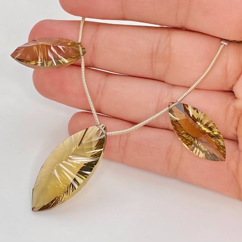  52.4 Carat Olive Quartz 34x15.5-23x11mm  Marquise Shape AAA Grade Matched Gemstone Beads Set - Total 3 Pcs.