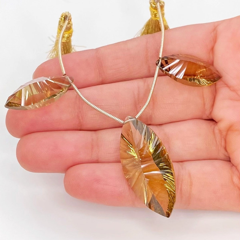  52.4 Carat Olive Quartz 34x15.5-23x11mm  Marquise Shape AAA Grade Matched Gemstone Beads Set - Total 3 Pcs.