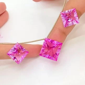  62.10 Carat Lab Pink Sapphire 13.5-16.5mm Concave Cut Square Shape AAA Grade Matched Gemstone Beads Set - Total 3 Pcs.