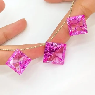  67.60 Carat Lab Pink Sapphire 14.5-17mm Concave Cut Square Shape AAA Grade Matched Gemstone Beads Set - Total 3 Pcs.