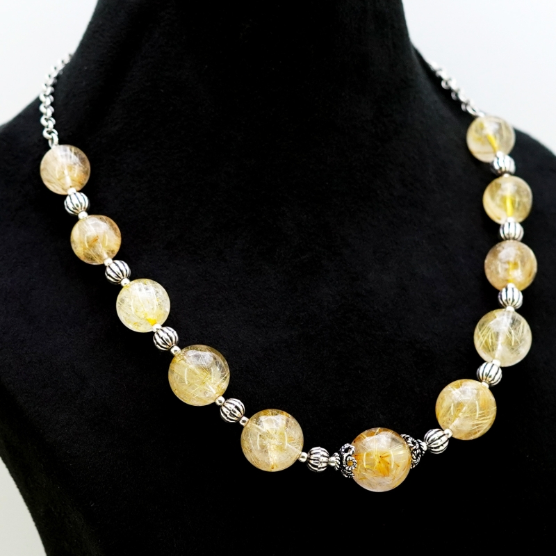 Golden Rutile Smooth Round Shape Gemstone Beads Necklace