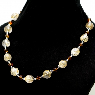 Golden Rutile & Citrine Smooth Round & Faceted Onion Shape Gemstone Beads Necklace