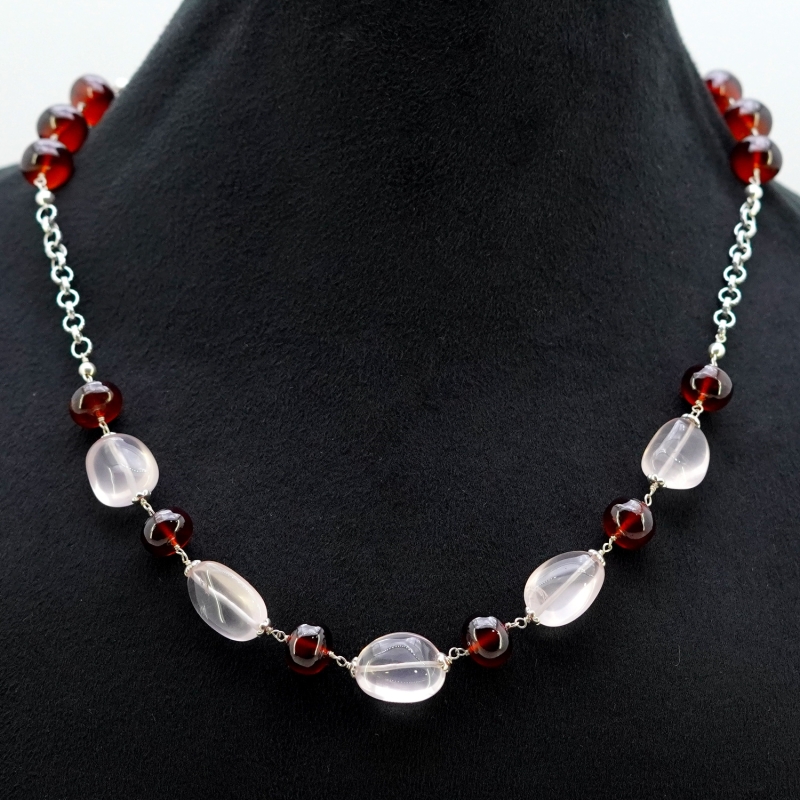 Rose Quartz & Hessonite Garnet Gemstone Beads Necklace