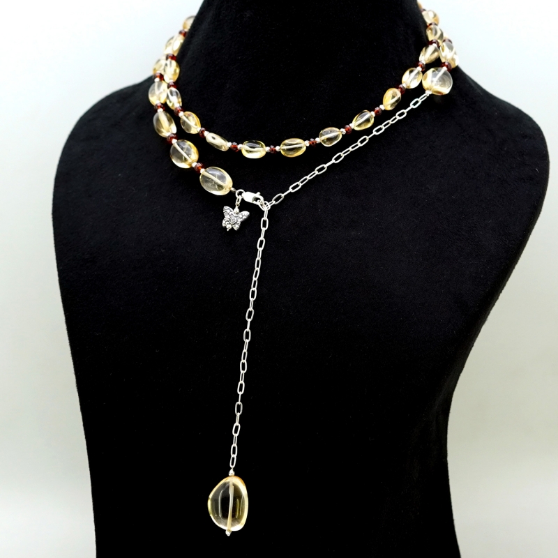Citrine & Hessonite Garnet Smooth Nuggets Shape Gemstone Beads Necklace