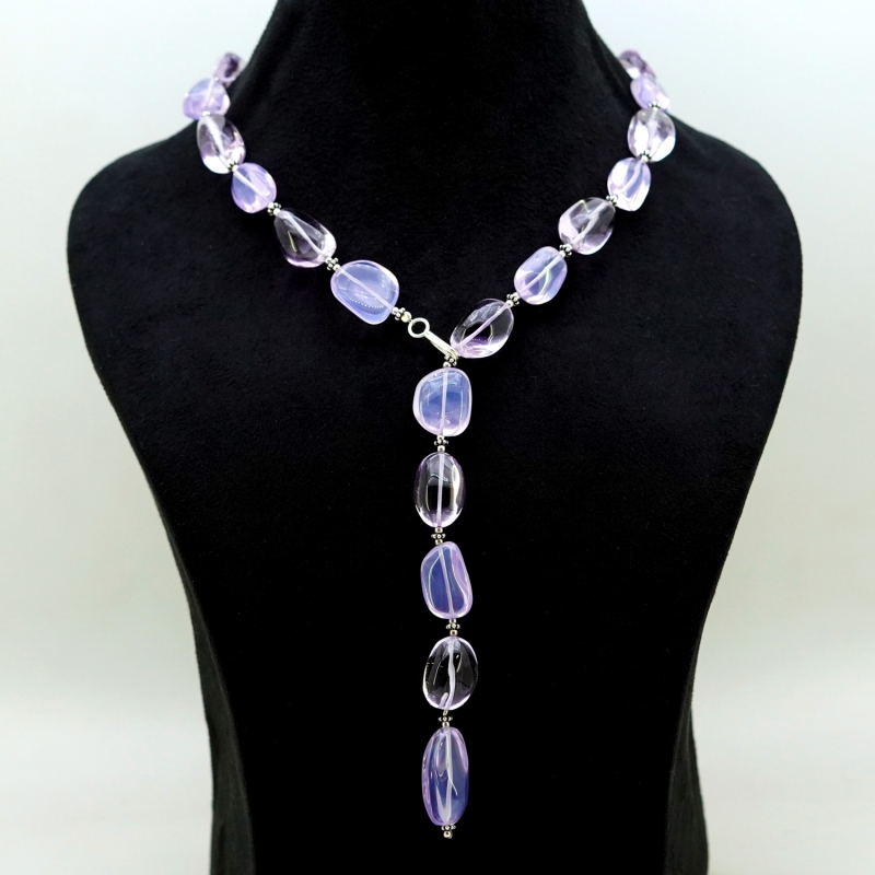 Lavender Quartz & Amethyst Smooth Nuggets  Shape Gemstone Beads Necklace