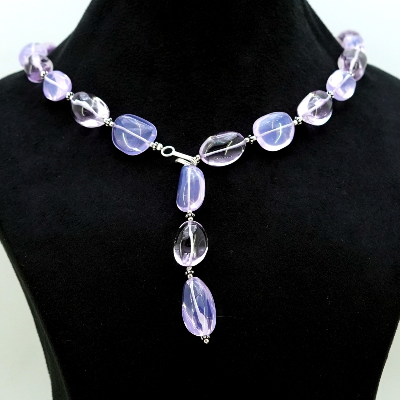 Lavender Quartz & Amethyst Smooth Nuggets  Shape Gemstone Beads Necklace
