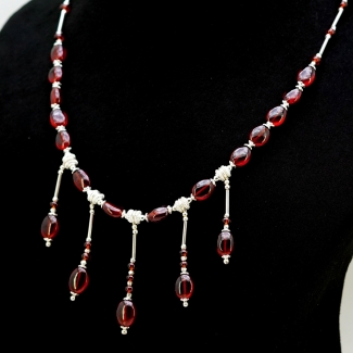 Hessonite Garnet Smooth Oval & rondelle Shape Gemstone Beads Necklace