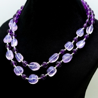Lavender Quartz & Amethyst Smooth Nuggets  Shape Gemstone Beads Necklace