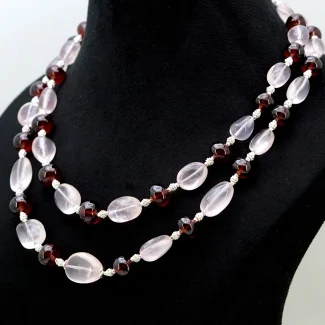 Rose Quartz & Hessonite Garnet Smooth Nuggets & Rondelle Shape Gemstone Beads Necklace