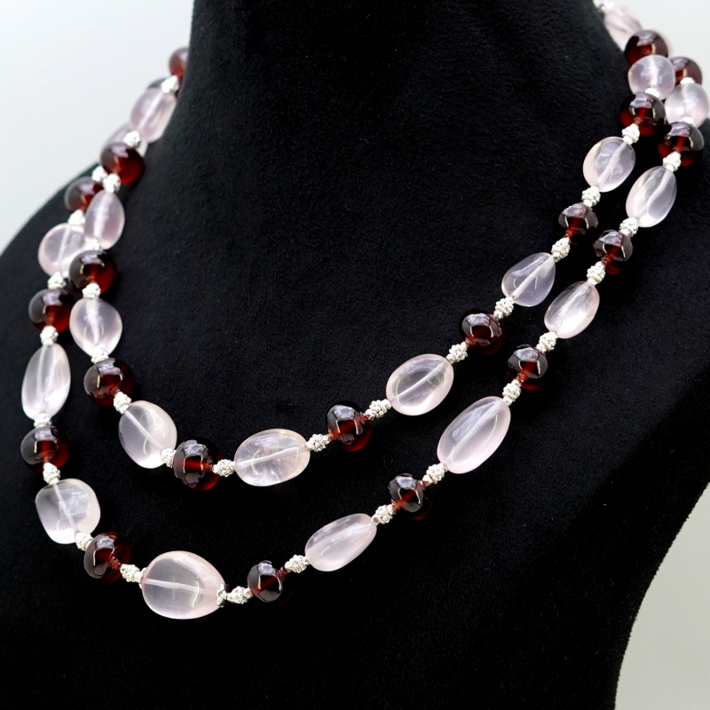 Rose Quartz & Hessonite Garnet Smooth Nuggets & Rondelle Shape Gemstone Beads Necklace