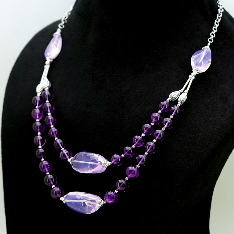 Lavender Quartz & Amethyst Smooth Nuggets  Shape Gemstone Beads Necklace