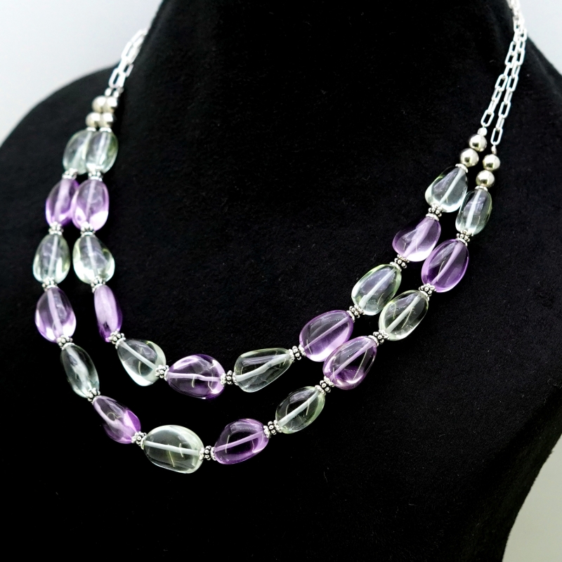Green & Brazilian Amethyst Hand Crafted Nuggets Shape Gemstone Beads Necklace