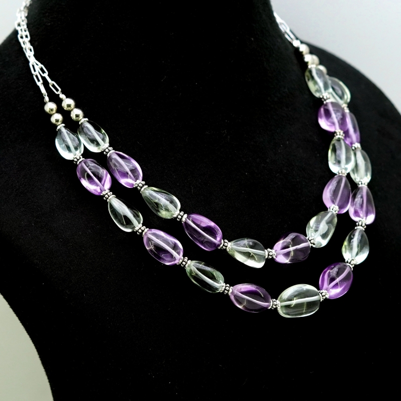 Green & Brazilian Amethyst Hand Crafted Nuggets Shape Gemstone Beads Necklace