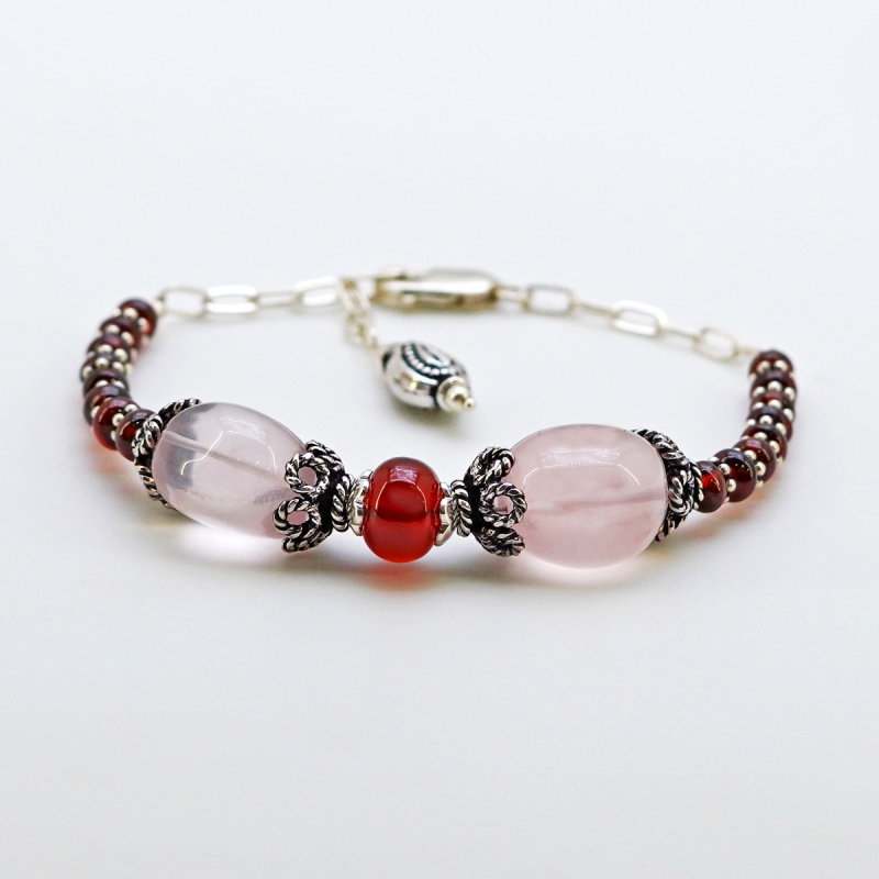 Hessonite Garnet & Rose Quartz Hand Crafted Rondelle & Nuggets Shape Gemstone Beads Bracelet