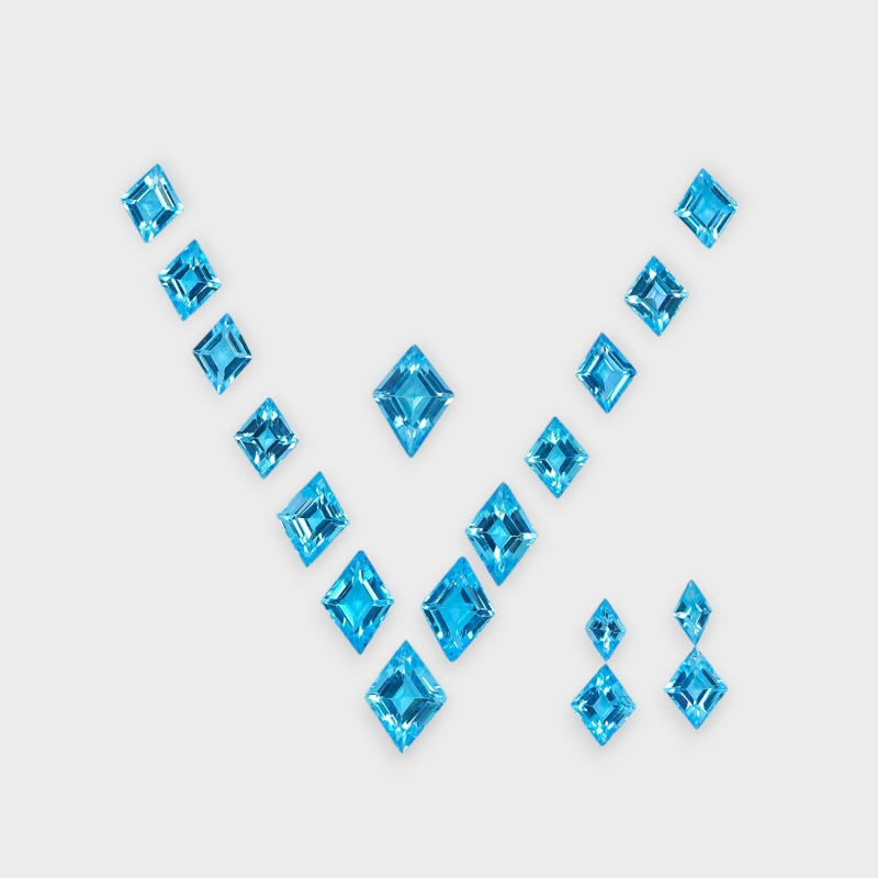 38.18 Cts. Swiss Blue Topaz 8x5-14x10mm Faceted Kite Shape AA+ Grade Gemstones Layout -  Total 18 Pcs.