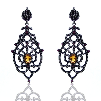 Citrine & Lab Ruby and Diamond White CZ 925 Sterling Silver Earrings