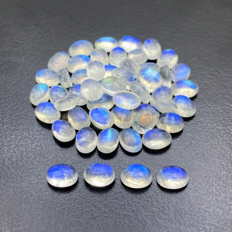 45.6 Cts. Rainbow Moonstone 7x5mm Smooth Oval Shape AA+ Grade Cabochons Parcel - Total 53 Pc.