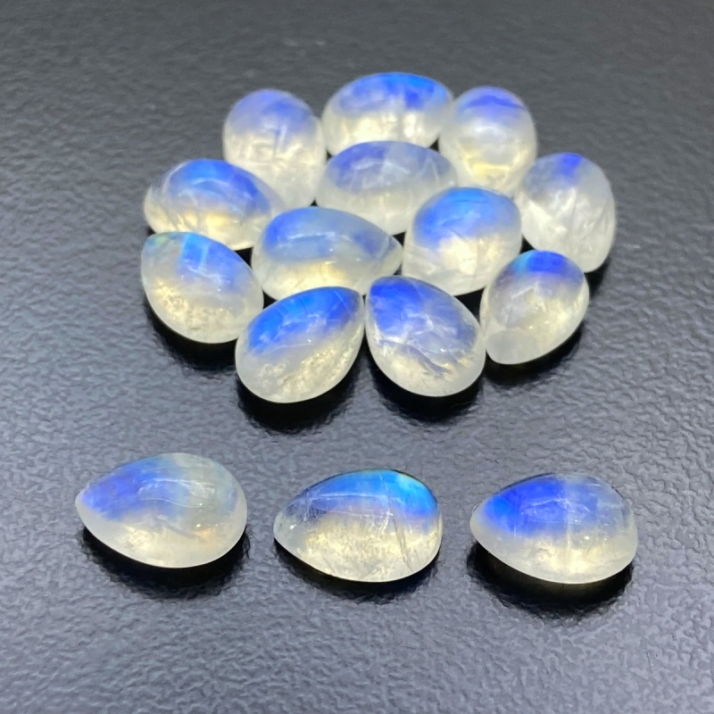 34.15 Cts. Rainbow Moonstone 10x7mm Smooth Pear Shape AA+ Grade Cabochons Parcel - Total 15 Pc.